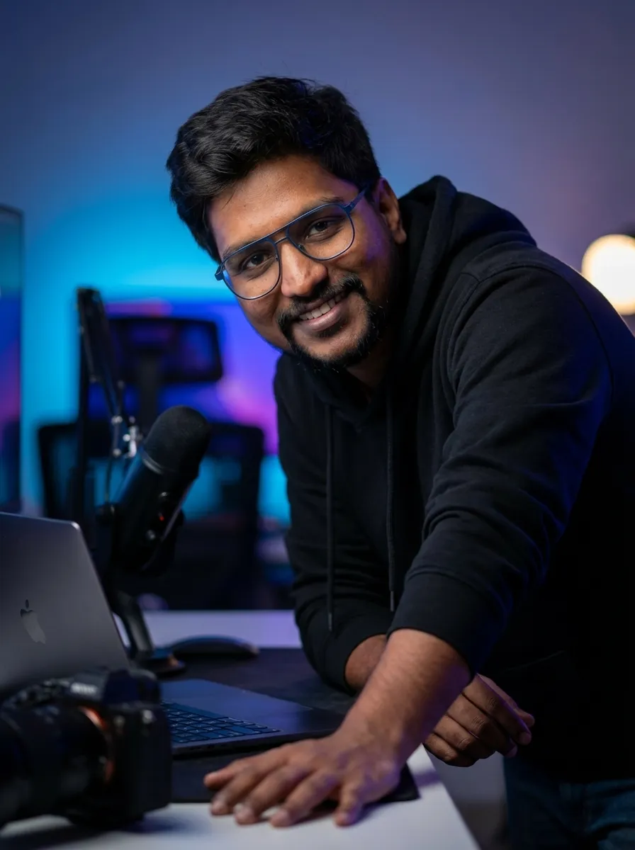 Eugene at his desk in his content studio