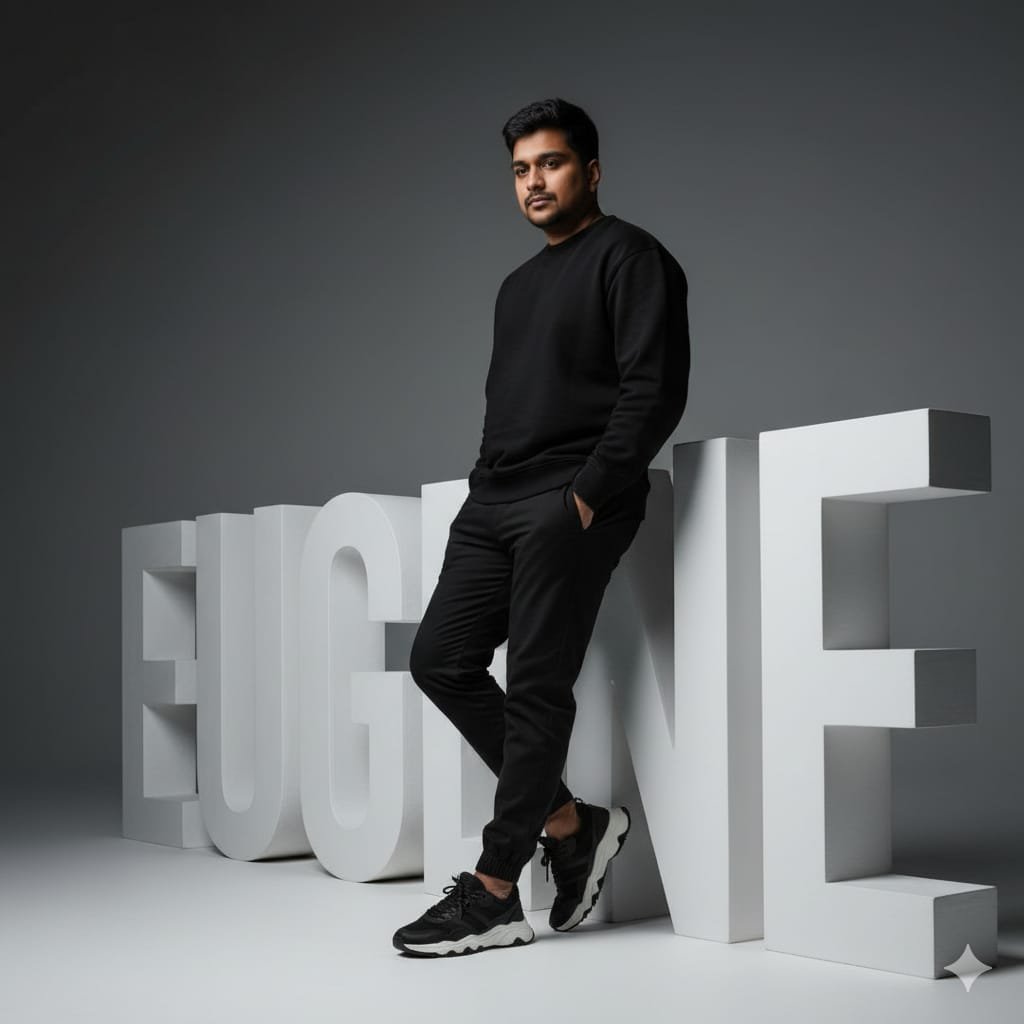 Eugene standing beside large sculptural letters spelling his name